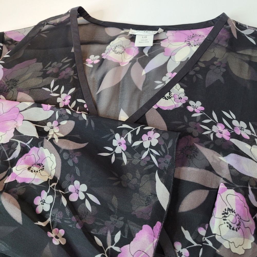 J. Marco Wrap Blouse Women LG Black Purple Floral 100% Silk Sheer V-Neck Excllnt